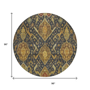 HomeRoots 8' Charcoal Gold Copper Round Ikat Rug - Modern Washable Area Rug for Indoor & Outdoor Spaces 658563