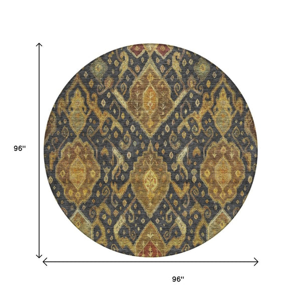 HomeRoots 8' Charcoal Gold Copper Round Ikat Rug - Modern Washable Area Rug for Indoor & Outdoor Spaces 658563