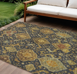 HomeRoots 10' Charcoal, Gold & Copper Ikat Washable Area Rug – Durable, Stylish Indoor/Outdoor Accent Piece! 658566