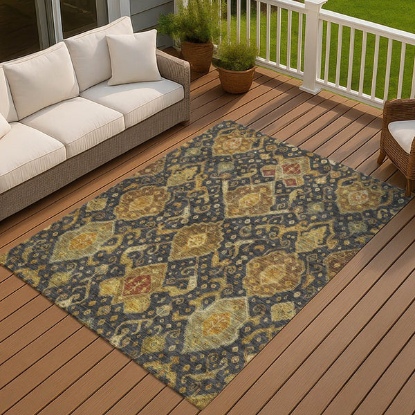 HomeRoots 10' Charcoal, Gold & Copper Ikat Washable Area Rug – Durable, Stylish Indoor/Outdoor Accent Piece! 658566