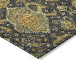 HomeRoots 10' Charcoal, Gold & Copper Ikat Washable Area Rug – Durable, Stylish Indoor/Outdoor Accent Piece! 658566