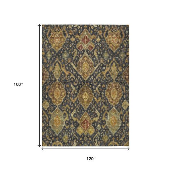 HomeRoots 10' Charcoal, Gold & Copper Ikat Washable Area Rug – Durable, Stylish Indoor/Outdoor Accent Piece! 658566