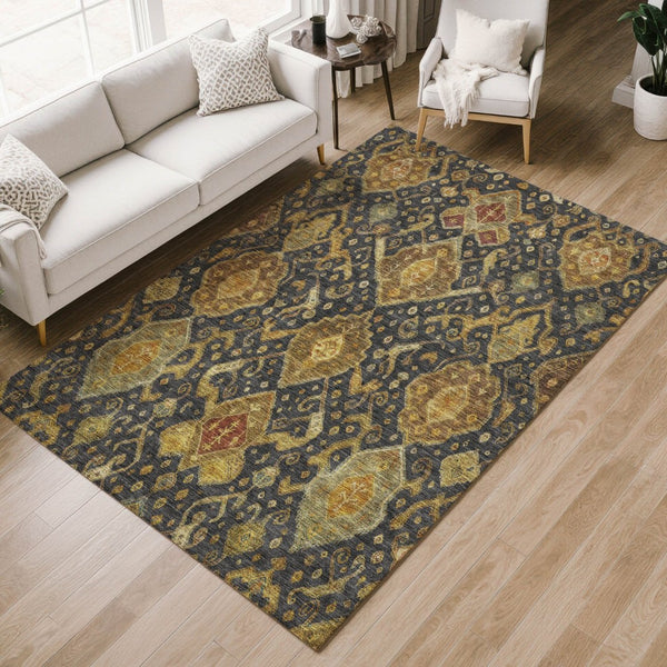HomeRoots 10' Charcoal, Gold & Copper Ikat Washable Area Rug – Durable, Stylish Indoor/Outdoor Accent Piece! 658566