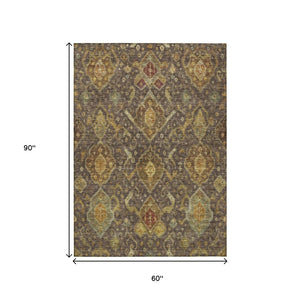 HomeRoots 5' Ikat Area Rug - Chocolate, Gold & Burgundy - Durable, Washable Accent for Indoor & Outdoor Use 658568