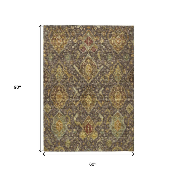 HomeRoots 5' Ikat Area Rug - Chocolate, Gold & Burgundy - Durable, Washable Accent for Indoor & Outdoor Use 658568