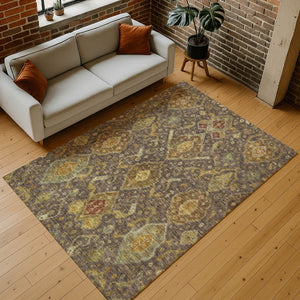 HomeRoots 5' Ikat Area Rug - Chocolate, Gold & Burgundy - Durable, Washable Accent for Indoor & Outdoor Use 658568