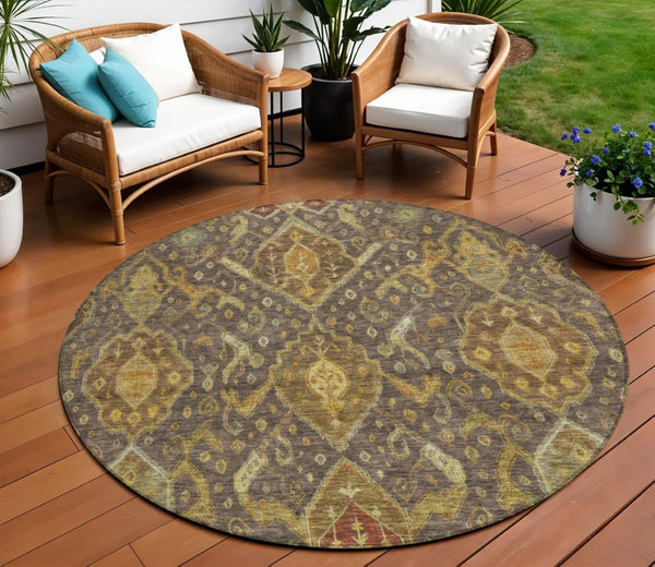 HomeRoots 8' Stylish Ikat Round Area Rug in Chocolate, Gold & Burgundy - Washable for Indoor/Outdoor Use! 658569