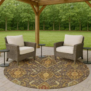 HomeRoots 8' Stylish Ikat Round Area Rug in Chocolate, Gold & Burgundy - Washable for Indoor/Outdoor Use! 658569