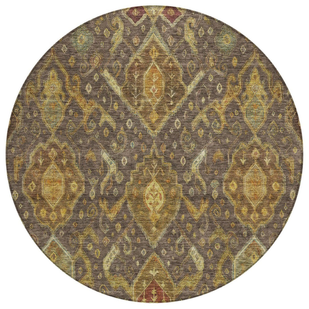 HomeRoots 8' Stylish Ikat Round Area Rug in Chocolate, Gold & Burgundy - Washable for Indoor/Outdoor Use! 658569
