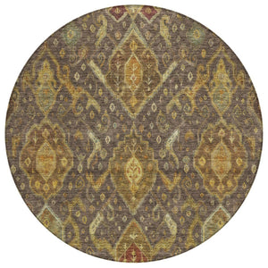 HomeRoots 8' Stylish Ikat Round Area Rug in Chocolate, Gold & Burgundy - Washable for Indoor/Outdoor Use! 658569
