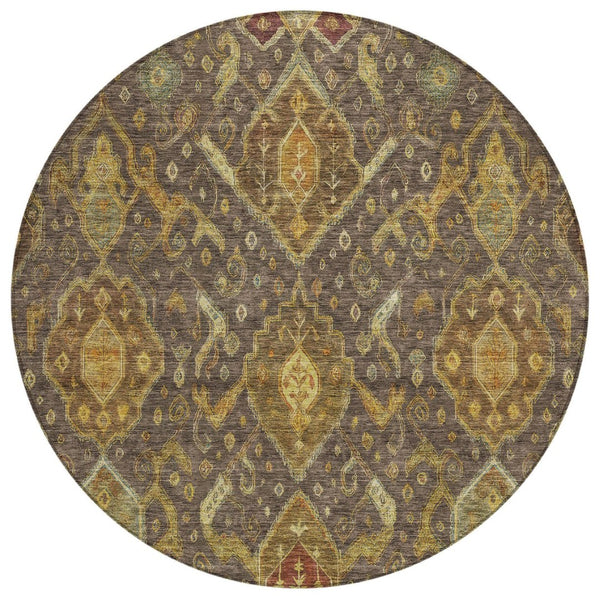 HomeRoots 8' Stylish Ikat Round Area Rug in Chocolate, Gold & Burgundy - Washable for Indoor/Outdoor Use! 658569