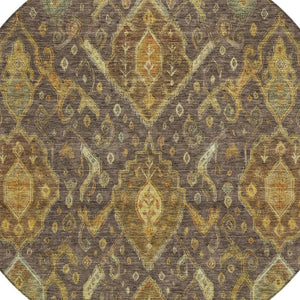 HomeRoots 8' Stylish Ikat Round Area Rug in Chocolate, Gold & Burgundy - Washable for Indoor/Outdoor Use! 658569