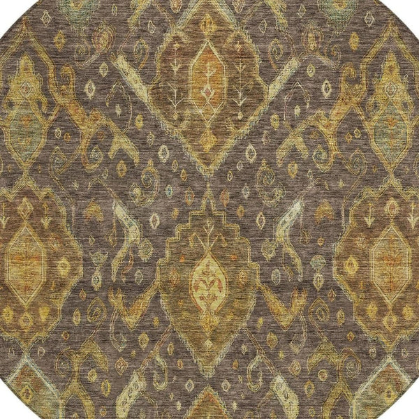 HomeRoots 8' Stylish Ikat Round Area Rug in Chocolate, Gold & Burgundy - Washable for Indoor/Outdoor Use! 658569
