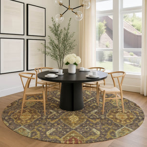 HomeRoots 8' Stylish Ikat Round Area Rug in Chocolate, Gold & Burgundy - Washable for Indoor/Outdoor Use! 658569