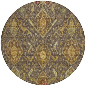 HomeRoots 8' Stylish Ikat Round Area Rug in Chocolate, Gold & Burgundy - Washable for Indoor/Outdoor Use! 658569