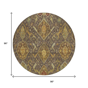 HomeRoots 8' Stylish Ikat Round Area Rug in Chocolate, Gold & Burgundy - Washable for Indoor/Outdoor Use! 658569