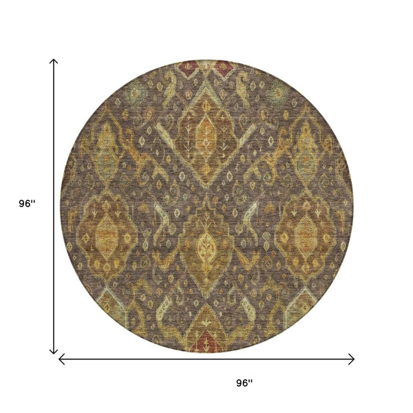 HomeRoots 8' Stylish Ikat Round Area Rug in Chocolate, Gold & Burgundy - Washable for Indoor/Outdoor Use! 658569