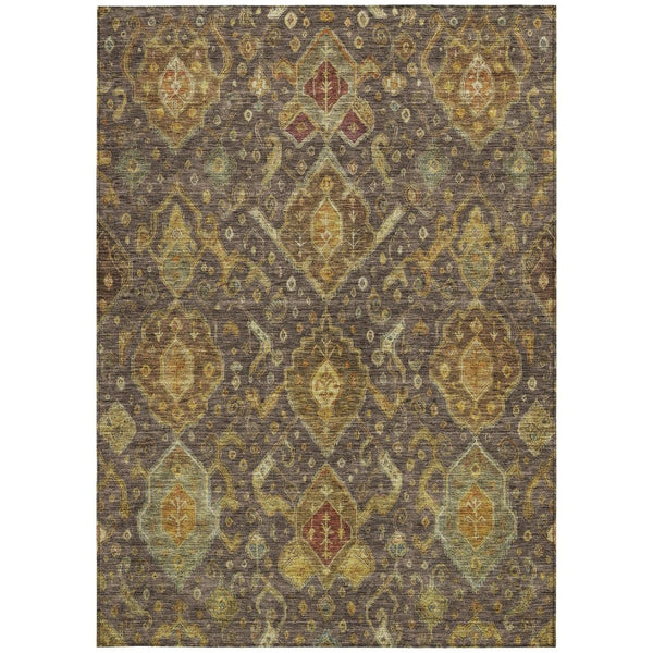 HomeRoots 8' Indoor Outdoor Area Rug - Durable Chocolate, Gold & Burgundy Ikat Design for Easy Care & Style 658570