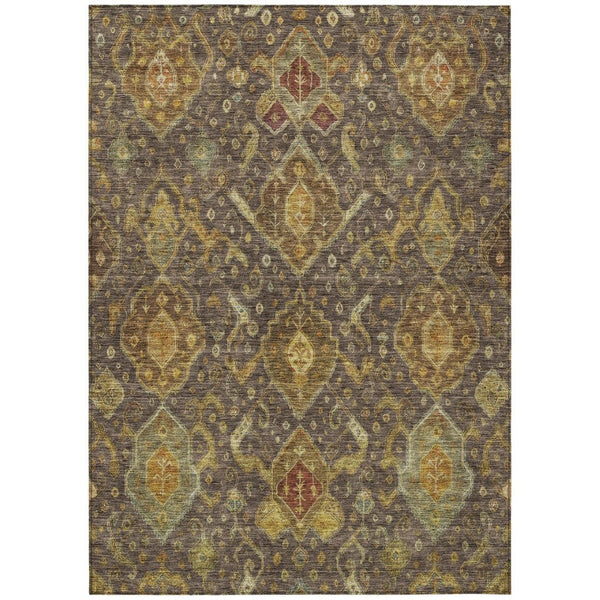 HomeRoots 8' Indoor Outdoor Area Rug - Durable Chocolate, Gold & Burgundy Ikat Design for Easy Care & Style 658570