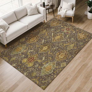 HomeRoots 8' Indoor Outdoor Area Rug - Durable Chocolate, Gold & Burgundy Ikat Design for Easy Care & Style 658570