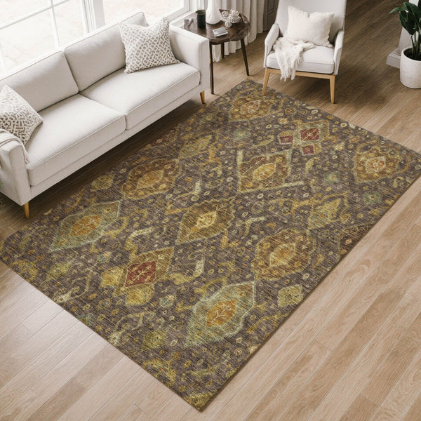 HomeRoots 8' Indoor Outdoor Area Rug - Durable Chocolate, Gold & Burgundy Ikat Design for Easy Care & Style 658570