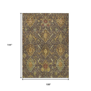 HomeRoots 9' X 12' Ikat Area Rug - Stylish Chocolate, Gold & Burgundy Design, Machine Washable & Durable for Indoor/Outdoor Use 658571