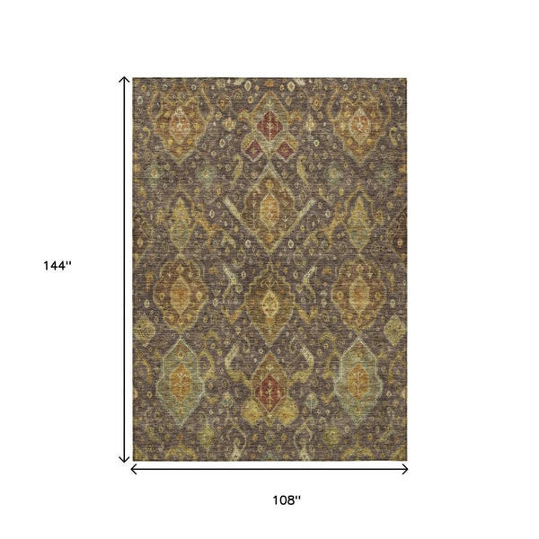 HomeRoots 9' X 12' Ikat Area Rug - Stylish Chocolate, Gold & Burgundy Design, Machine Washable & Durable for Indoor/Outdoor Use 658571
