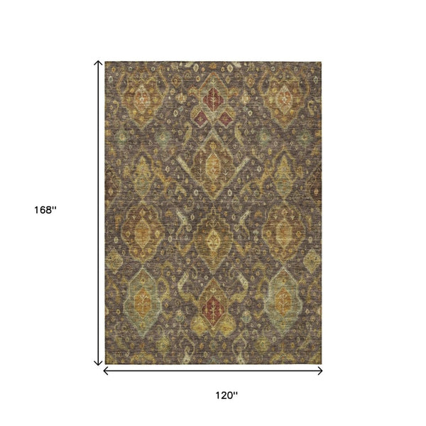 HomeRoots 10' Vibrant Chocolate Gold Burgundy Ikat Washable Area Rug – Perfect for Indoor & Outdoor Spaces! 658572
