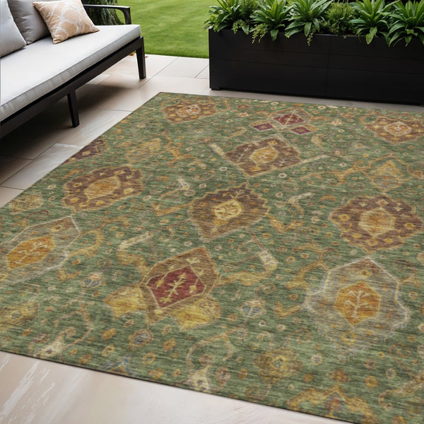 HomeRoots 5' Ikat Area Rug in Fern Green, Brown & Gold – Washable, Durable for Indoor & Outdoor Spaces! 658574