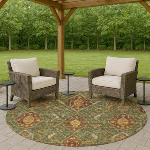 HomeRoots 8' Round Ikat Area Rug in Fern Green, Brown & Gold - Durable, Machine Washable for Indoor/Outdoor Use 658575