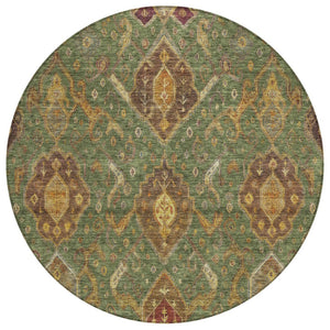HomeRoots 8' Round Ikat Area Rug in Fern Green, Brown & Gold - Durable, Machine Washable for Indoor/Outdoor Use 658575