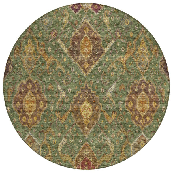 HomeRoots 8' Round Ikat Area Rug in Fern Green, Brown & Gold - Durable, Machine Washable for Indoor/Outdoor Use 658575