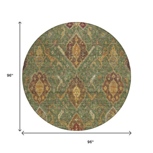 HomeRoots 8' Round Ikat Area Rug in Fern Green, Brown & Gold - Durable, Machine Washable for Indoor/Outdoor Use 658575