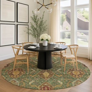 HomeRoots 8' Round Ikat Area Rug in Fern Green, Brown & Gold - Durable, Machine Washable for Indoor/Outdoor Use 658575