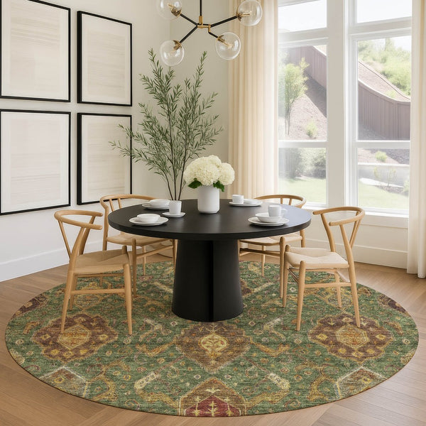 HomeRoots 8' Round Ikat Area Rug in Fern Green, Brown & Gold - Durable, Machine Washable for Indoor/Outdoor Use 658575