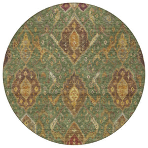 HomeRoots 8' Round Ikat Area Rug in Fern Green, Brown & Gold - Durable, Machine Washable for Indoor/Outdoor Use 658575