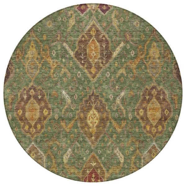 HomeRoots 8' Round Ikat Area Rug in Fern Green, Brown & Gold - Durable, Machine Washable for Indoor/Outdoor Use 658575