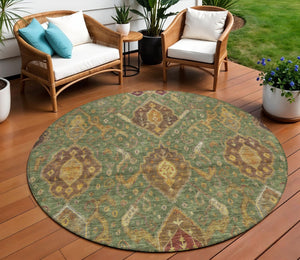 HomeRoots 8' Round Ikat Area Rug in Fern Green, Brown & Gold - Durable, Machine Washable for Indoor/Outdoor Use 658575