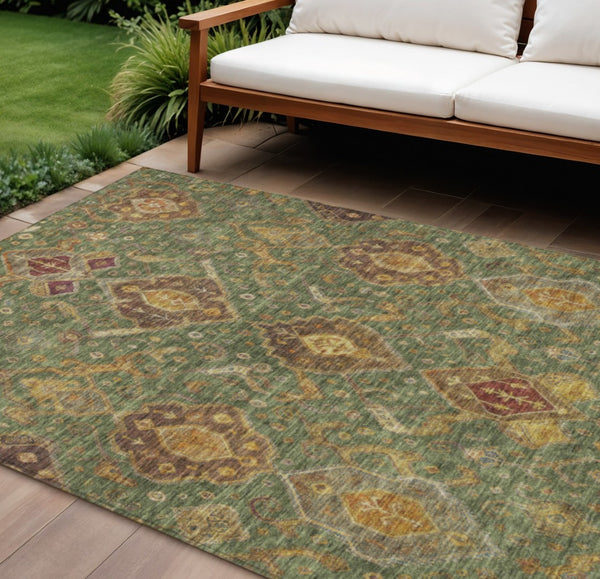 HomeRoots 8' Stylish Ikat Area Rug in Fern Green, Brown & Gold – Washable & Durable for Indoor/Outdoor Use 658576