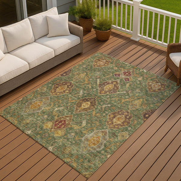 HomeRoots 8' Stylish Ikat Area Rug in Fern Green, Brown & Gold – Washable & Durable for Indoor/Outdoor Use 658576