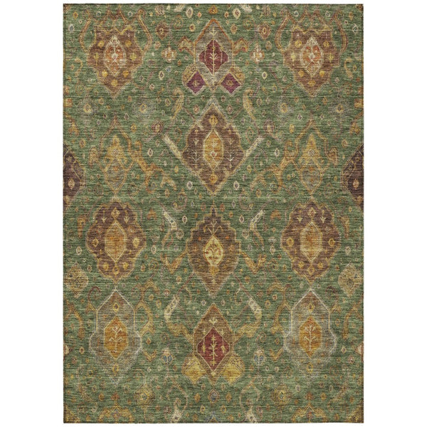 HomeRoots 8' Stylish Ikat Area Rug in Fern Green, Brown & Gold – Washable & Durable for Indoor/Outdoor Use 658576