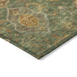 HomeRoots 8' Stylish Ikat Area Rug in Fern Green, Brown & Gold – Washable & Durable for Indoor/Outdoor Use 658576