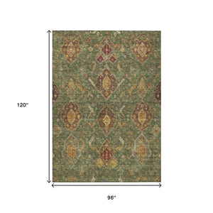 HomeRoots 8' Stylish Ikat Area Rug in Fern Green, Brown & Gold – Washable & Durable for Indoor/Outdoor Use 658576