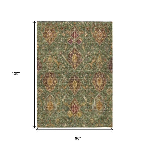 HomeRoots 8' Stylish Ikat Area Rug in Fern Green, Brown & Gold – Washable & Durable for Indoor/Outdoor Use 658576