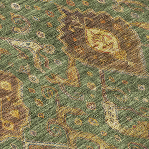 HomeRoots 8' Stylish Ikat Area Rug in Fern Green, Brown & Gold – Washable & Durable for Indoor/Outdoor Use 658576