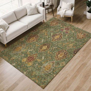 HomeRoots 8' Stylish Ikat Area Rug in Fern Green, Brown & Gold – Washable & Durable for Indoor/Outdoor Use 658576