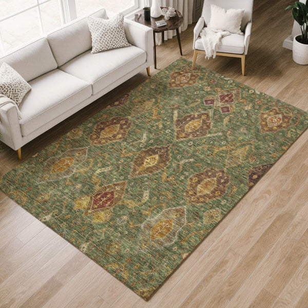 HomeRoots 8' Stylish Ikat Area Rug in Fern Green, Brown & Gold – Washable & Durable for Indoor/Outdoor Use 658576