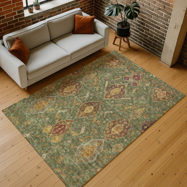 HomeRoots 8' Stylish Ikat Area Rug in Fern Green, Brown & Gold – Washable & Durable for Indoor/Outdoor Use 658576