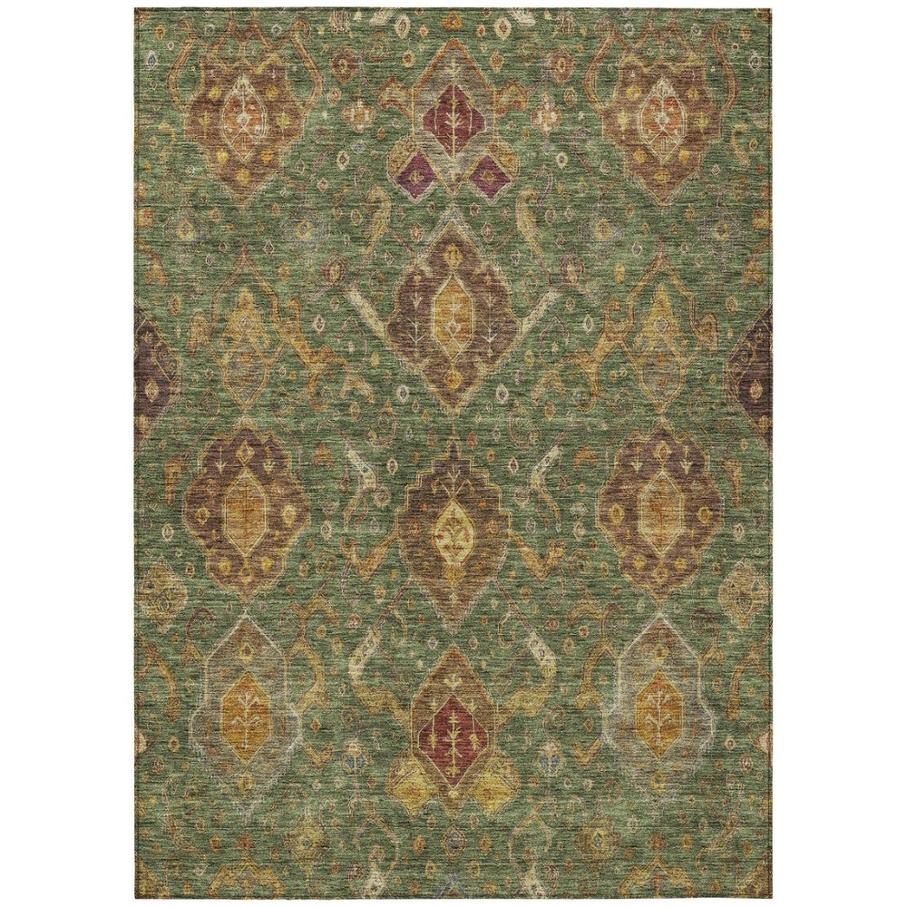 HomeRoots 9' X 12' Stylish Fern Green, Brown & Gold Ikat Washable Area Rug for Indoor & Outdoor Spaces 658577