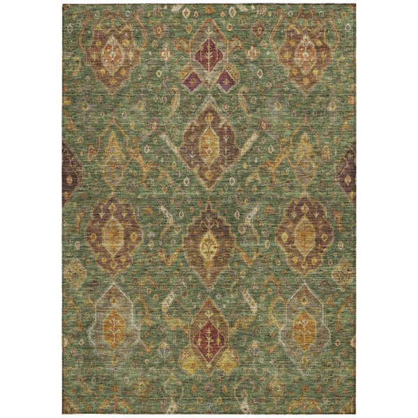 HomeRoots 10' Versatile Ikat Area Rug in Fern Green, Brown & Gold - Washable, Durable for Indoor & Outdoor Use 658578